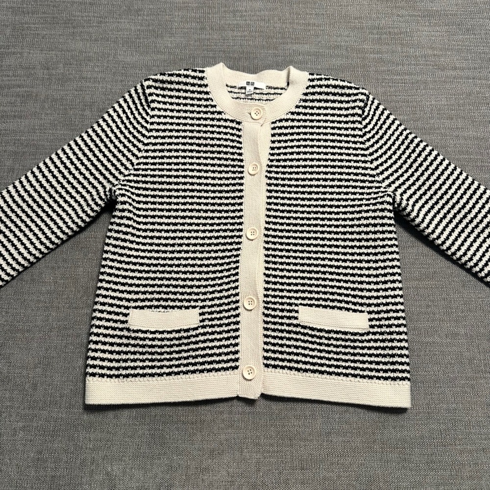 Uniqlo Striped Knit Cardigan Women Size M Cream Navy Blue Textured